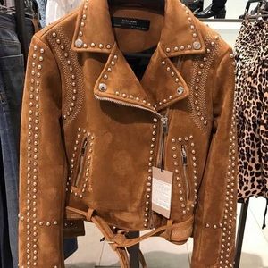 Zara camel studded faux suede jacket blogger